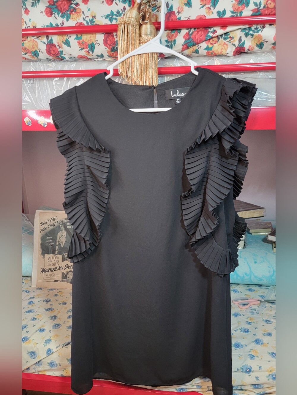 Lulu's Black Pleated-Ruffle Shift Midi Dress Size Medium